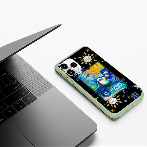 Чехол iPhone 11 Pro матовый Новый Год Дед Мороз Развозит Подарки / 3D-Салатовый – фото 3