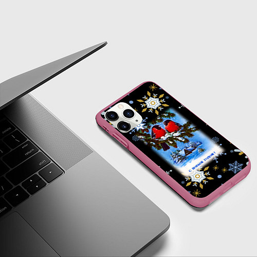 Чехол iPhone 11 Pro матовый Новый Год Два Снегиря Сидят На Ветке / 3D-Малиновый – фото 3