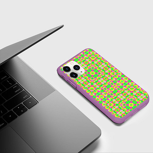 Чехол iPhone 11 Pro матовый Желтый, зеленый, малиновый калейдоскопический неон / 3D-Фиолетовый – фото 3