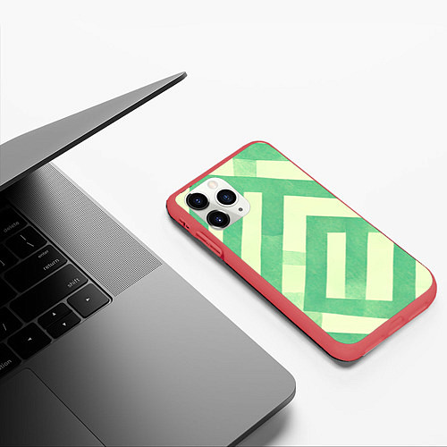 Чехол iPhone 11 Pro матовый Зеленые геометрические узоры / 3D-Красный – фото 3