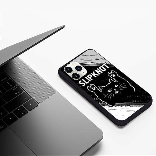 Чехол iPhone 11 Pro матовый Группа Slipknot и рок кот / 3D-Черный – фото 3