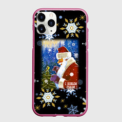 Чехол iPhone 11 Pro матовый Новый год дед мороз и птичка, цвет: 3D-малиновый