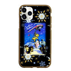 Чехол iPhone 11 Pro матовый Новый год мишка прилетел на вертолёте, цвет: 3D-коричневый