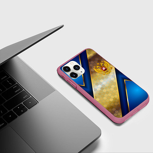 Чехол iPhone 11 Pro матовый Золотой герб России на синем объемном фоне / 3D-Малиновый – фото 3