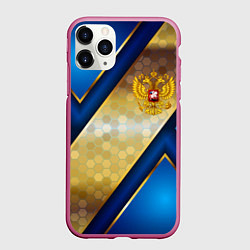 Чехол iPhone 11 Pro матовый Золотой герб России на синем объемном фоне