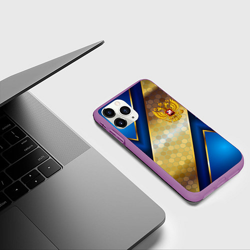 Чехол iPhone 11 Pro матовый Золотой герб России на синем объемном фоне / 3D-Фиолетовый – фото 3
