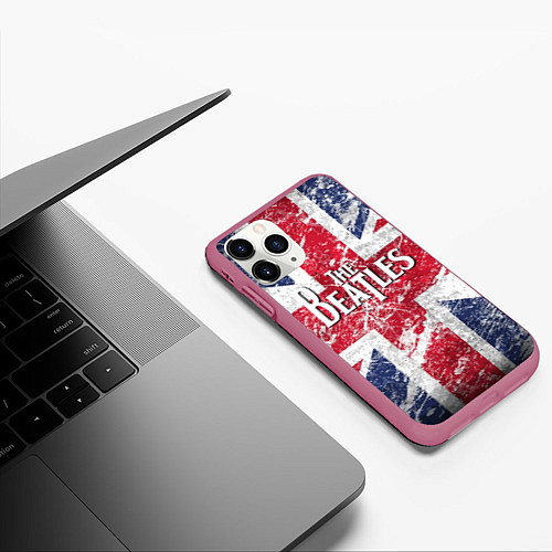 Чехол iPhone 11 Pro матовый The Beatles - лого на фоне флага Великобритании / 3D-Малиновый – фото 3