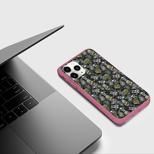 Чехол iPhone 11 Pro матовый Череп, зомби и вампир / 3D-Малиновый – фото 3