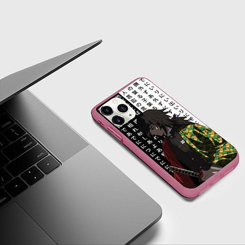 Чехол iPhone 11 Pro матовый Гию Томиока - Иероглифы - чб / 3D-Малиновый – фото 3