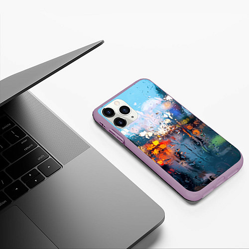 Чехол iPhone 11 Pro матовый Город через дождевое стекло / 3D-Сиреневый – фото 3