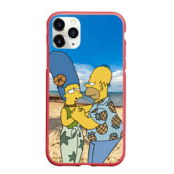 Чехол iPhone 11 Pro матовый Гомер Симпсон танцует с Мардж на пляже, цвет: 3D-красный