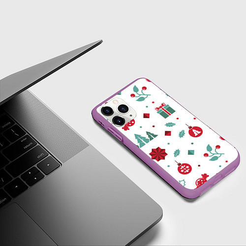 Чехол iPhone 11 Pro матовый Новый год подарки, конфеты, ёлочные шары / 3D-Фиолетовый – фото 3
