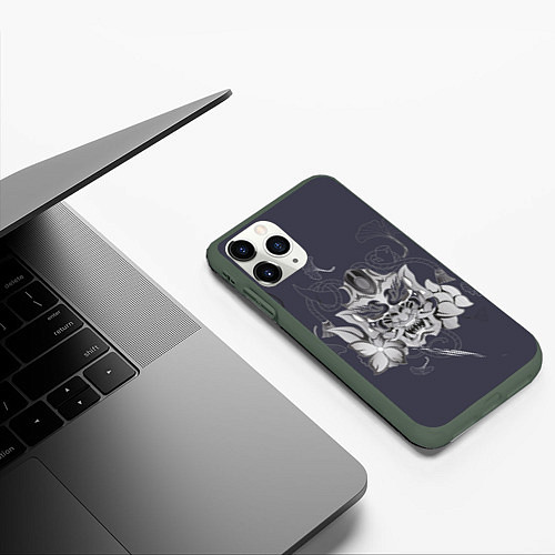 Чехол iPhone 11 Pro матовый Маска самурая в цветах / 3D-Темно-зеленый – фото 3