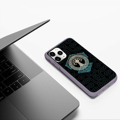 Чехол iPhone 11 Pro матовый Мировое древо Иггдрасиль / 3D-Серый – фото 3