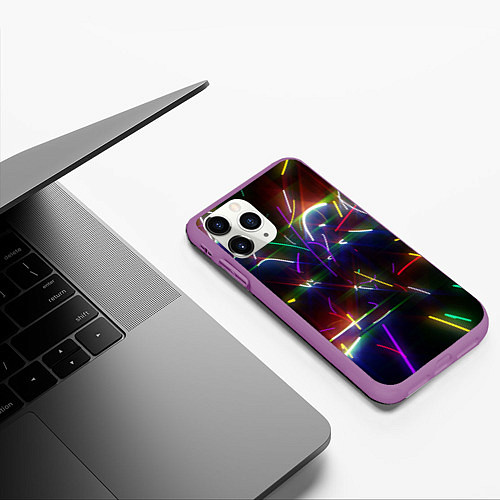 Чехол iPhone 11 Pro матовый Разноцветные неоновые линии / 3D-Фиолетовый – фото 3