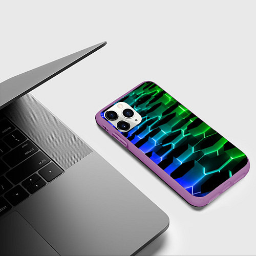 Чехол iPhone 11 Pro матовый Неоновые шестиугольники / 3D-Фиолетовый – фото 3