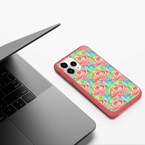 Чехол iPhone 11 Pro матовый Алые розы акварель / 3D-Красный – фото 3