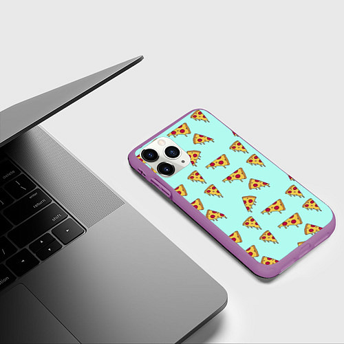 Чехол iPhone 11 Pro матовый Куски пиццы на голубом фоне / 3D-Фиолетовый – фото 3