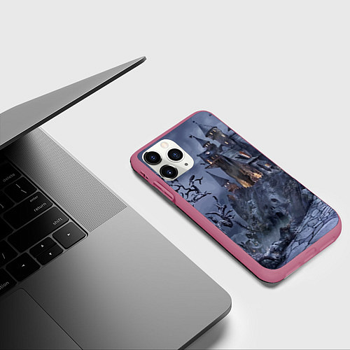 Чехол iPhone 11 Pro матовый Старый заброшенный замок - Halloween / 3D-Малиновый – фото 3