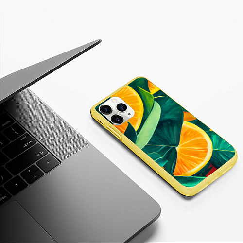 Чехол iPhone 11 Pro матовый Листья монстеры и дольки апельсинов / 3D-Желтый – фото 3