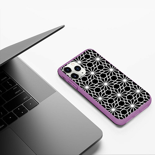 Чехол iPhone 11 Pro матовый Абстрактный чёрно-белый узoр / 3D-Фиолетовый – фото 3