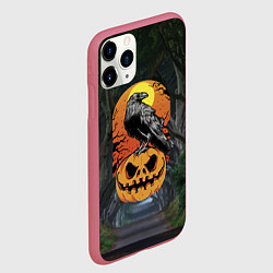 Чехол iPhone 11 Pro матовый Ворон, сидящий на тыкве - Halloween, цвет: 3D-малиновый — фото 2