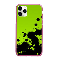 Чехол iPhone 11 Pro матовый Чёрные кляксы на зелёном фоне, цвет: 3D-малиновый