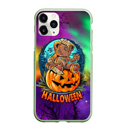 Чехол iPhone 11 Pro матовый Хэллоуин - мишка на тыкве, цвет: 3D-салатовый