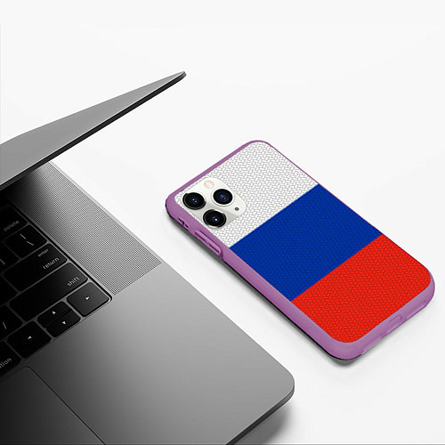 Чехол iPhone 11 Pro матовый Триколор - флаг России плетёный / 3D-Фиолетовый – фото 3