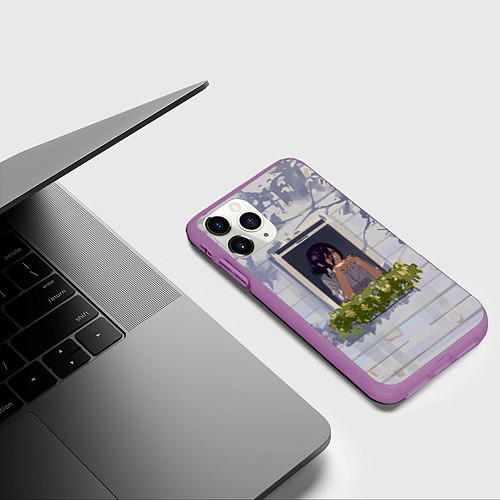 Чехол iPhone 11 Pro матовый Человек-бензопила Аса Митака в окне / 3D-Фиолетовый – фото 3