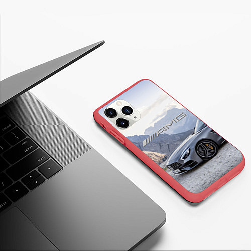 Чехол iPhone 11 Pro матовый Mercedes AMG V8 Biturbo cabriolet - mountains / 3D-Красный – фото 3