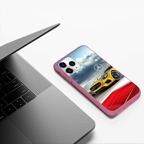 Чехол iPhone 11 Pro матовый Mercedes AMG V8 Biturbo на трассе / 3D-Малиновый – фото 3