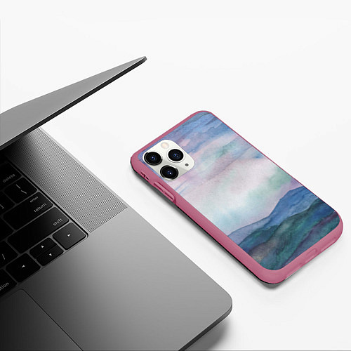 Чехол iPhone 11 Pro матовый Горный пейзаж акварель / 3D-Малиновый – фото 3