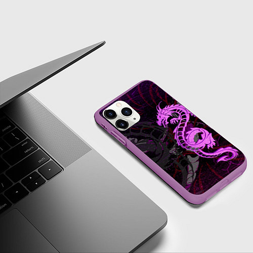 Чехол iPhone 11 Pro матовый Неоновый дракон purple dragon / 3D-Фиолетовый – фото 3
