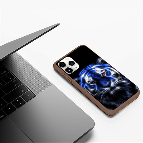Чехол iPhone 11 Pro матовый Синий неоновый тигр / 3D-Коричневый – фото 3
