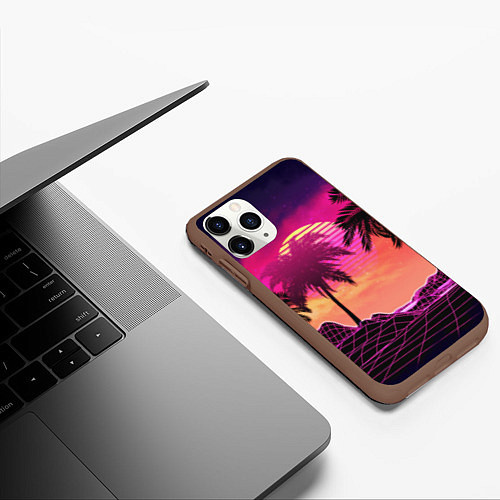 Чехол iPhone 11 Pro матовый Пальмы и пляж в розовом закате ретро дизайн / 3D-Коричневый – фото 3