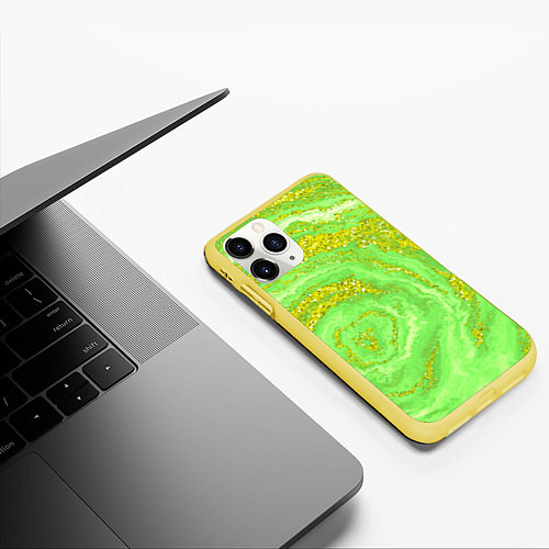Чехол iPhone 11 Pro матовый Салатовая золотистая абстракция / 3D-Желтый – фото 3