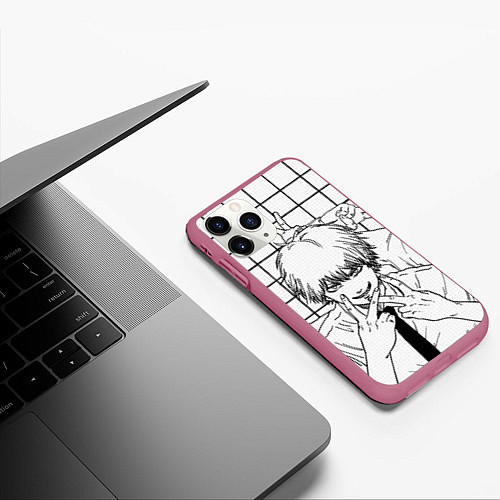 Чехол iPhone 11 Pro матовый Человек бензопила - Кадр манги / 3D-Малиновый – фото 3