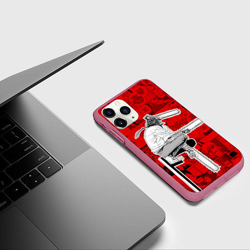 Чехол iPhone 11 Pro матовый Человек- бензопила : Кадры манги / 3D-Малиновый – фото 3