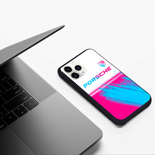 Чехол iPhone 11 Pro матовый Porsche neon gradient style: символ сверху / 3D-Черный – фото 3