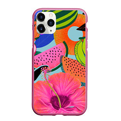Чехол iPhone 11 Pro матовый Цветочный, фруктовый, тропический паттерн, цвет: 3D-малиновый