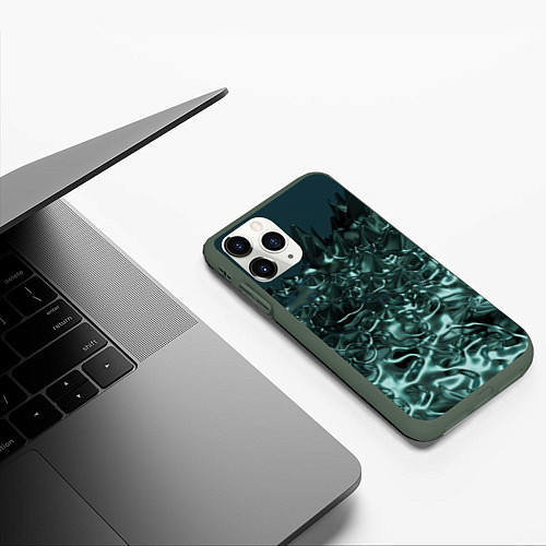 Чехол iPhone 11 Pro матовый Абстрактный голубой жидкий металл / 3D-Темно-зеленый – фото 3