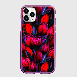 Чехол iPhone 11 Pro матовый Тюльпаны - поле красных цветов, цвет: 3D-фиолетовый