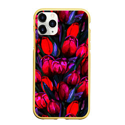 Чехол iPhone 11 Pro матовый Тюльпаны - поле красных цветов, цвет: 3D-желтый