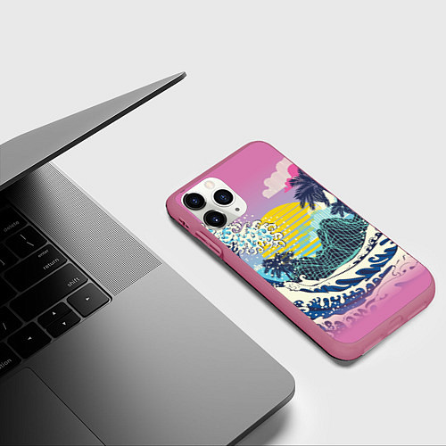 Чехол iPhone 11 Pro матовый Штормовые океанские волны и пальмы / 3D-Малиновый – фото 3