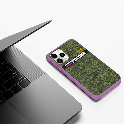 Чехол iPhone 11 Pro матовый Камуфляж пиксельный РОССИЯ с флагом / 3D-Фиолетовый – фото 3