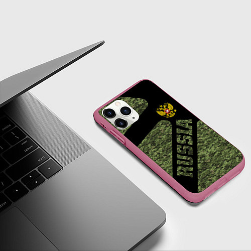 Чехол iPhone 11 Pro матовый Камуфляж - RUSSIA / 3D-Малиновый – фото 3