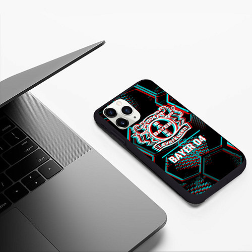 Чехол iPhone 11 Pro матовый Bayer 04 FC в стиле glitch на темном фоне / 3D-Черный – фото 3