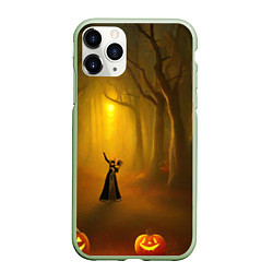 Чехол iPhone 11 Pro матовый Ведьма в черном платье в заколдованном лесу с тыкв, цвет: 3D-салатовый