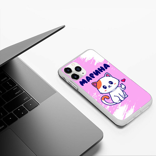 Чехол iPhone 11 Pro матовый Марина кошечка с сердечком / 3D-Белый – фото 3